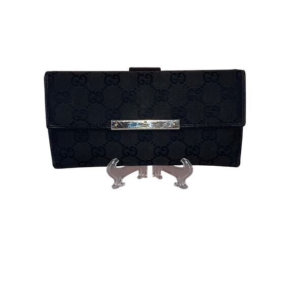 Gucci Handbags - GUCCI GG Logo Black Canvas Leather Credit Cards Bifold Long Wallet Authentic